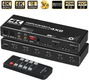4x2 HDMI Matrix Switch 4 in 2 Out with IR Remote, HDMI 2.0b Matrix Splitter Box 4K@60Hz HDR, Dual SPDIF & Dual 3.5mm L/R Audio Output, Support EDID, HDCP 2.2, 3D, 1080P for HDTV Monitor Projector 4x2 HDMI Matrix Switch 4 in 2 Out with IR Remote, HDMI 2.0b Matrix Splitter Box 4K@60Hz HDR, Dual SPDIF & Dual 3.5mm L/R Audio Output, Support EDID, HDCP 2.2, 3D, 1080P for HDTV Monitor Projector