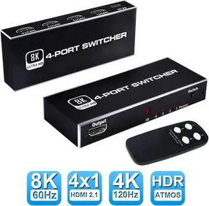 4 in 1 Out HDMI 2.1 Switch 8K@60Hz with IR Remote, 4-Port 48Gbps HDMI Selector Box, Support 4K@120Hz, 2K@144Hz, HDR, CEC, Dolby Vision, HDCP 2.3, Compatible with Xbox Series X, PS5, Fire Stick, Blu-Ra 4 in 1 Out HDMI 2.1 Switch 8K@60Hz with IR Remote, 4-Port 48Gbps HDMI Selector Box, Support 4K@120Hz, 2K@144Hz, HDR, CEC, Dolby Vision, HDCP 2.3, Compatible with Xbox Series X, PS5, Fire Stick, Blu-Ra