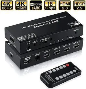 4 in 1 Out HDMI 2.0 Switch with Audio Extractor & ARC, 4K@60Hz HDMI Switcher Support Toslink SPDIF + 3.5mm AUX Output, HDCP2.2 Auto Switch IR Remote for 4K TV Home Theater 4 in 1 Out HDMI 2.0 Switch with Audio Extractor & ARC, 4K@60Hz HDMI Switcher Support Toslink SPDIF + 3.5mm AUX Output, HDCP2.2 Auto Switch IR Remote for 4K TV Home Theater