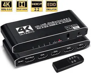 4 in 1 Out HDMI 2.0 Switch 4K@60Hz with IR Remote, 4-Port HDMI Switcher Support HDR HDCP2.2 3D 1080P, for PS4, Xbox One, Fire TV, Apple TV, Sky Box, STB, DVD, Roku 4 in 1 Out HDMI 2.0 Switch 4K@60Hz with IR Remote, 4-Port HDMI Switcher Support HDR HDCP2.2 3D 1080P, for PS4, Xbox One, Fire TV, Apple TV, Sky Box, STB, DVD, Roku