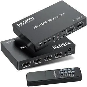 2x4 HDMI 2.0 Matrix Switch 4K@60Hz with IR Remote, 2 In 4 Out 18Gbps Video Splitter Support Optical SPDIF + 3.5mm Audio Extractor, HDR HDCP2.2 for NS, PS5, Fire Stick, 4K TV Monitor 2x4 HDMI 2.0 Matrix Switch 4K@60Hz with IR Remote, 2 In 4 Out 18Gbps Video Splitter Support Optical SPDIF + 3.5mm Audio Extractor, HDR HDCP2.2 for NS, PS5, Fire Stick, 4K TV Monitor