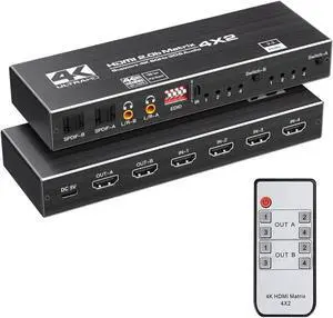 4X2 HDMI 2.0 Matrix Switch with IR Remote, Model OZJ1-1, 4 In 2 Out 4K@60Hz Matrix Switcher with Audio Extractor, Dual SPDIF + Dual 3.5mm L/R Audio, Support EDID, HDCP2.2, HDR10 for 4K TV, Monitor, Ga 4X2 HDMI 2.0 Matrix Switch with IR Remote, Model OZJ1-1, 4 In 2 Out 4K@60Hz Matrix Switcher with Audio Extractor, Dual SPDIF + Dual 3.5mm L/R Audio, Support EDID, HDCP2.2, HDR10 for 4K TV, Monitor, Ga
