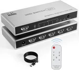 5 in 1 Out 8K HDMI Switch Splitter with IR Remote, 48Gbps HDMI 2.1 Port Expander Supports 8K@60Hz, 4K@120Hz, 3D, CEC, HDR, HDCP 2.3 5 in 1 Out 8K HDMI Switch Splitter with IR Remote, 48Gbps HDMI 2.1 Port Expander Supports 8K@60Hz, 4K@120Hz, 3D, CEC, HDR, HDCP 2.3