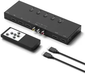 3 HDMI 2.0 + 1 RCA Input to 2 HDMI Output Converter Switch Splitter, Simultaneous Dual Display, Aspect Ratio 4:3/16:9 Adjustable, Compatible with N64, NGC, Wii, Xbox, PS2/3/4/5, Switch, Apple TV, Fire 3 HDMI 2.0 + 1 RCA Input to 2 HDMI Output Converter Switch Splitter, Simultaneous Dual Display, Aspect Ratio 4:3/16:9 Adjustable, Compatible with N64, NGC, Wii, Xbox, PS2/3/4/5, Switch, Apple TV, Fire