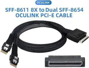 100cm Active OCuLink PCIe Cable, SFF-8611 8x 8-Lane Male to Dual SFF-8654 Slimline 4x Male Splitter Data Cable for NVMe SSD Storage 100cm Active OCuLink PCIe Cable, SFF-8611 8x 8-Lane Male to Dual SFF-8654 Slimline 4x Male Splitter Data Cable for NVMe SSD Storage