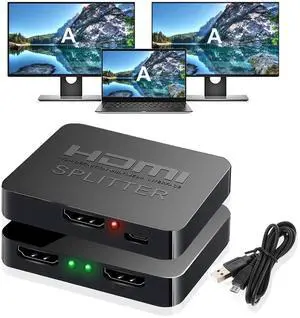 1 in 2 Out HDMI Splitter for Dual Monitors, 4K HDMI Mirror Adapter Distributes Single Source to Two Displays Simultaneously 1 in 2 Out HDMI Splitter for Dual Monitors, 4K HDMI Mirror Adapter Distributes Single Source to Two Displays Simultaneously