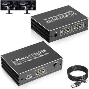 8K HDMI 2.1 Splitter 1 in 2 Out, 48Gbps 1×2 UHD Mirror Duplicator with Adjustable EDID, Support 8K@60Hz 4K@120Hz HDR VRR for PS5 PS4 Xbox HDTV Dual Monitors 8K HDMI 2.1 Splitter 1 in 2 Out, 48Gbps 1×2 UHD Mirror Duplicator with Adjustable EDID, Support 8K@60Hz 4K@120Hz HDR VRR for PS5 PS4 Xbox HDTV Dual Monitors
