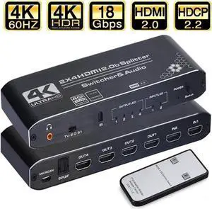 2×4 HDMI 2.0b Matrix Switch with Audio Extractor & IR Remote, 4K@60Hz HDR RGB4:4:4 Video Splitter Hub, SPDIF Optical + 3.5mm Analog Audio Output HDCP2.2 2×4 HDMI 2.0b Matrix Switch with Audio Extractor & IR Remote, 4K@60Hz HDR RGB4:4:4 Video Splitter Hub, SPDIF Optical + 3.5mm Analog Audio Output HDCP2.2