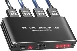 Powered 1 in 3 Out HDMI 2.1 Splitter 1x3 Mirror Duplicate Adapter 8K@60Hz 4K@120Hz Single Source to Three Identical Displays Powered 1 in 3 Out HDMI 2.1 Splitter 1x3 Mirror Duplicate Adapter 8K@60Hz 4K@120Hz Single Source to Three Identical Displays