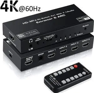 4 In 1 Out HDMI 2.0b Switch with Audio Extractor IR Remote, 4K@60Hz HDR Dolby Vision ARC Splitter, Optical SPDIF + 3.5mm AUX Audio Output HDCP2.2 18Gbps 4 In 1 Out HDMI 2.0b Switch with Audio Extractor IR Remote, 4K@60Hz HDR Dolby Vision ARC Splitter, Optical SPDIF + 3.5mm AUX Audio Output HDCP2.2 18Gbps