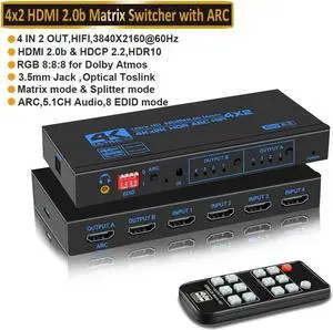 4X2 HDMI 2.0b Matrix Switch Model OZJ2-1 with IR Remote & EDID Extractor, 4K@60Hz HDR Video Splitter, ARC SPDIF Optical + 3.5mm Audio Output HDCP2.2 3D 1080P 4X2 HDMI 2.0b Matrix Switch Model OZJ2-1 with IR Remote & EDID Extractor, 4K@60Hz HDR Video Splitter, ARC SPDIF Optical + 3.5mm Audio Output HDCP2.2 3D 1080P