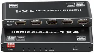 1 in 4 Out HDMI 2.0 Splitter 1×4 Mirror Distributor, 18Gbps 4K@60Hz HDR 8:8:8 HDCP2.2 Auto EDID Support Dolby Multichannel Audio UHD 3D 1 in 4 Out HDMI 2.0 Splitter 1×4 Mirror Distributor, 18Gbps 4K@60Hz HDR 8:8:8 HDCP2.2 Auto EDID Support Dolby Multichannel Audio UHD 3D