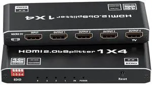 1×4 HDMI 2.0 Splitter 1 in 4 Out Mirror Distributor, 18Gbps 4K@60Hz HDR 8:8:8 HDCP2.2 Auto EDID, Dolby Multichannel Audio UHD 3D Video Distributor 1×4 HDMI 2.0 Splitter 1 in 4 Out Mirror Distributor, 18Gbps 4K@60Hz HDR 8:8:8 HDCP2.2 Auto EDID, Dolby Multichannel Audio UHD 3D Video Distributor