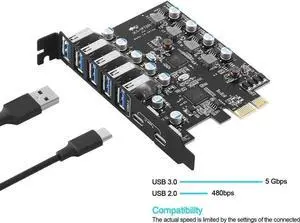 7-Port PCIe USB 3.0 Expansion Card, PCI Express X1 Adapter with 2 USB-C + 5 USB-A Ports 5Gbps, Full Height Bracket for Desktop PC Compatible Windows & Mac OS 7-Port PCIe USB 3.0 Expansion Card, PCI Express X1 Adapter with 2 USB-C + 5 USB-A Ports 5Gbps, Full Height Bracket for Desktop PC Compatible Windows & Mac OS