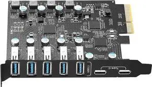 7-Port PCIe USB 3.2 Gen1 Expansion Card, 5Gbps Super Speed PCI Express Hub Adapter (2×USB-C + 5×USB-A), Self-Powered Design for Desktop PC, Compatible Windows XP/Vista/7/8/10/11 7-Port PCIe USB 3.2 Gen1 Expansion Card, 5Gbps Super Speed PCI Express Hub Adapter (2×USB-C + 5×USB-A), Self-Powered Design for Desktop PC, Compatible Windows XP/Vista/7/8/10/11