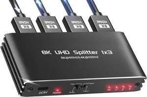 1 in 3 Out HDMI Splitter 1x3, Powered HDMI Mirror Splitter Supports 4K 120Hz & 8K 60Hz, Duplicate 1 Video Source to 3 Identical Displays 1 in 3 Out HDMI Splitter 1x3, Powered HDMI Mirror Splitter Supports 4K 120Hz & 8K 60Hz, Duplicate 1 Video Source to 3 Identical Displays