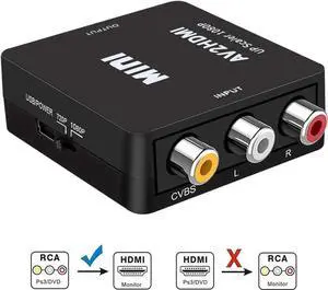 Black Mini 1080P 3RCA CVBS AV to HDMI Converter Adapter, Analog to Digital Audio Video Converter Supports PAL/NTSC with USB Power Cable, Compatible Laptop PC Xbox PS3 PS4 STB VHS VCR DVD Black Mini 1080P 3RCA CVBS AV to HDMI Converter Adapter, Analog to Digital Audio Video Converter Supports PAL/NTSC with USB Power Cable, Compatible Laptop PC Xbox PS3 PS4 STB VHS VCR DVD