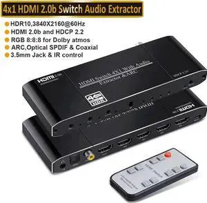4 In 1 Out HDMI Switch with Audio Extractor, 4K@60Hz HDMI Switcher to HDMI + Optical SPDIF + Coaxial + 3.5mm AUX Stereo Audio, Support ARC, HDCP2.2, HDR10, 3D, Dolby Atmos & EDID Function for PS5 Xbox 4 In 1 Out HDMI Switch with Audio Extractor, 4K@60Hz HDMI Switcher to HDMI + Optical SPDIF + Coaxial + 3.5mm AUX Stereo Audio, Support ARC, HDCP2.2, HDR10, 3D, Dolby Atmos & EDID Function for PS5 Xbox