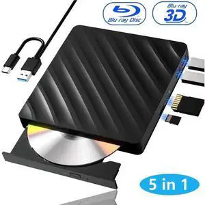 5-in-1 Slim Portable 3D External Blu Ray Burner USB3.0 Type-C BD DVD CD RW Reader Writer with SD TF Card Slots Compatible with Windows Laptop Desktop PC 5-in-1 Slim Portable 3D External Blu Ray Burner USB3.0 Type-C BD DVD CD RW Reader Writer with SD TF Card Slots Compatible with Windows Laptop Desktop PC