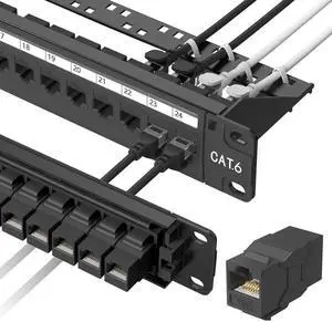 1U 19 Inch Cat6 24-Port Patch Panel, Rack/Wall Mount, Pre-Installed 24 Keystone Jacks + 1 Spare Port, Support 10Gbps Ethernet with Cable Management Bar 1U 19 Inch Cat6 24-Port Patch Panel, Rack/Wall Mount, Pre-Installed 24 Keystone Jacks + 1 Spare Port, Support 10Gbps Ethernet with Cable Management Bar