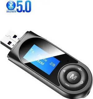 Black USB Bluetooth 5.0 Audio Transmitter Receiver Adapter, 3.5mm AUX Wireless Stereo Music Converter for Car, TV, PC, Speakers Black USB Bluetooth 5.0 Audio Transmitter Receiver Adapter, 3.5mm AUX Wireless Stereo Music Converter for Car, TV, PC, Speakers