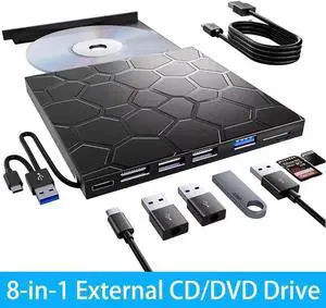 8-in-1 External CD DVD RW Drive, Portable USB3.0 & Type-C DVD Burner with 4 USB-A Ports, SD/TF Card Reader, Compatible with Laptop PC Windows 7/8/10/11, Linux & MacOS 8-in-1 External CD DVD RW Drive, Portable USB3.0 & Type-C DVD Burner with 4 USB-A Ports, SD/TF Card Reader, Compatible with Laptop PC Windows 7/8/10/11, Linux & MacOS