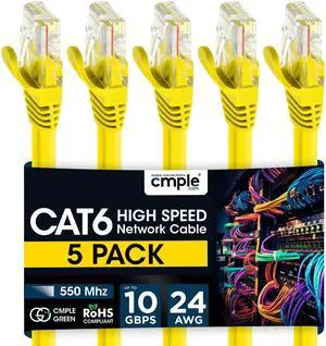 Cmple 5 Pack Cat6 Ethernet Cable, High Speed Cat6 Internet Network Cable, Ethernet Patch Cables, Computer LAN Cable with Snagless RJ45 Connectors - 15 Feet Yellow (Pack of 5)