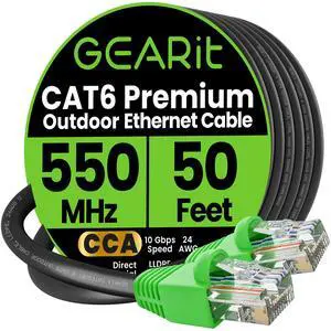 GEARit RJ45 Cat-6 Ethernet Patch Cable, 10Gpbs Transfer Speed, Gold-Plated Connectors, Copper Clad, Outdoor, UV Resistant, Direct Burial, Waterproof, Durable, 50 Foot (15.2 Meters), Black GEARit RJ45 Cat-6 Ethernet Patch Cable, 10Gpbs Transfer Speed, Gold-Plated Connectors, Copper Clad, Outdoor, UV Resistant, Direct Burial, Waterproof, Durable, 50 Foot (15.2 Meters), Black