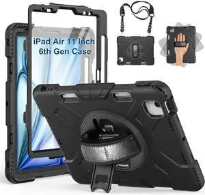 SUPFIVES Case for iPad Air 11 Inch 2025/2024 (7th Gen),iPad Pro 11 2022/2020,iPad Air 10.9 with Screen Protector/Pencil Holder/Rotating Kickstand/Hand Strap/Shoulder Strap, Black