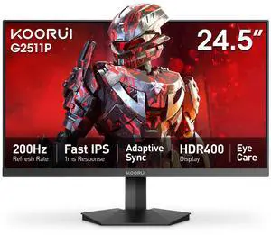 KOORUI 24.5" Gaming Monitor, 200Hz FHD 1080p IPS Display, 1ms, HDR400, 90% DCI-P3, Adaptive Sync, HDMI & DisplayPort, Black (G2511P)