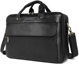 Augus Leather Briefcase for Men Business Travel Messenger Bags 15.6 Inch Laptop Bag, Black