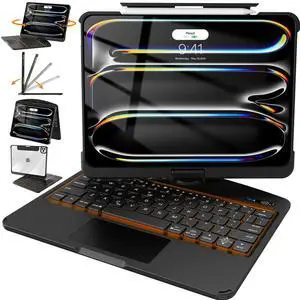 Intermerge for iPad Pro 11-inch (M4, 2024) Keyboard Case, Transparent Back Shell, 360° Rotating Multi-Touch Trackpad, 7-Color Backlit Keyboard, Type-C Charging, Black