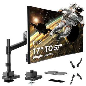 AVLT Single 57 Inch Heavy Duty Monitor Arm Pole Top Mount with USB-C USB-A Ports-Black, Height Adjustable, Easy Install Top C-Clamp/Grommet with Reinforcement Plates, VESA Compatible 200/100/75