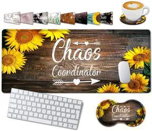Large Gaming Mouse Pad, 31.5x11.8 in Extended Computer Mouse Mat with Non-Slip PU Base, Ergonomic Memory Foam Keyboard Wrist Rest, for Work & Gaming, Sunflower Chaos Coordinator Office Desk Pad