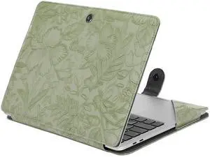 MOSISO Case Compatible with MacBook Air 13.6 inch M4 M3 M2 2025-2022 /Air 13 M1 2022-2018 /Pro 13 M2 M1 2025-2016, Embossed Retro Hibiscus PU Leather Portfolio Protective Stand Cover, Sage Green