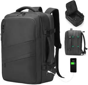 SUIKIHUM Travel Carry on Backpack, 18.9" Flight Approved, Expandable Weekender Bag with Waterproof USB A/C Port, Equivalent to 18" Suitcase, Black
