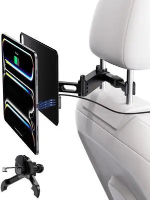 KU XIU Magnetic Wireless Charging Car Headrest Tablet Holder for iPad Pro 11'' M4 [2024] Only, Adjustable Long Arm Tablet Car Mount Back Seat for Kids, Road Trip Essentials Holder with Air Vent Stand