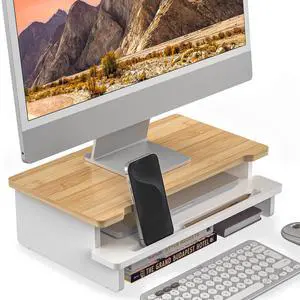WELL WENG Monitor Stand Monitor Stand Riser for Desk,Wood Desk Shelf Storage Organizer with Phone Tablet Holder (16.5 Inch, White & Natural Bamboo)