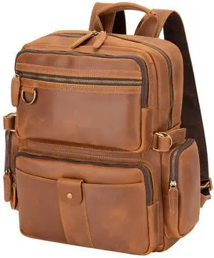 Miracttld Leather Backpack for Men 15.6" Laptop Backpack 100% Madagascar top-Grain Leather Backpack Light Brown Large Size