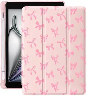 Idocolors Cute Pink Bow Pad Case for iPad 10th/11th Generation, Clear TPU Stand Back Cover with Pencil Holder, for 10.9 Inch iPad 2022/2025 Girly Pink Auto Wake/Sleep Adjustable Protective Case