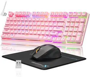 Wireless Mechanical Gaming Keyboard and Mouse Combo, 98 Keys RGB Backlit Rechargeable 2000mAh Battery, 3-Mode BT5.0/2.4G/USB-C (Pink)