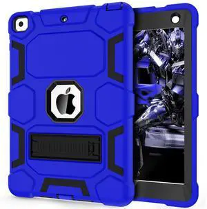 CCMAO iPad 6th Generation Cases, iPad 5th Generation Case, iPad 9.7 Case, iPad Air 2 Case, Hybrid Shockproof Rugged Drop Protection Case Built with Kickstand for Kids Girls, Dark Blue+Black