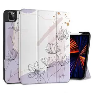 TWOLSKOO Case for iPad Pro 11-inch 4th Generation 2022, [Built-in Pencil Holder] Trifold Stand & Auto Wake/Sleep, Shockproof Cover Soft Back Shell, Also Fit iPad Pro 11" 3rd/2nd/1st Gen, Floral Line