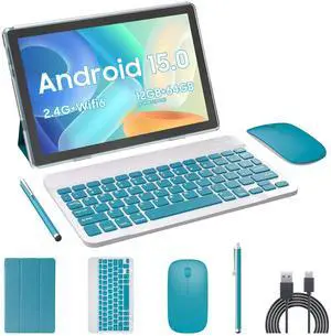 RUIQIAI Tablet Android 15, 2 in 1 Tablets 10 inch with Keyboard Mouse Case Stylus, 8GB+64GB+1TB Expand, 1280 * 800 IPS Touch Screen Computer, 5G WiFi 6, L1, Long Battery Life Tablet Green