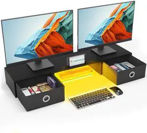 YAOHUOO Dual Monitor Stand with LED Light 2 Drawers, Computer Monitor Riser for 2 Monitors, Large Desktop Organzier with Storage for PC/Laptop/Computer/TV Screen/Printer