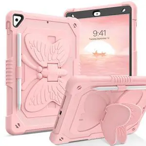 YINLAI Case for iPad 9th 8th 7th Generation 10.2 Inch 2021/2020/2019, iPad Air 3rd Gen Case with Pencil Holder Butterfly Kickstand Kid Girls Women Shockproof Protective Cover, Light Pink