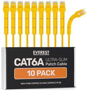 Everest Ultra Slim Cat6a Ethernet Patch Cables 6ft (10-Pack) Yellow - 10GB Cat 6a Patch Cable - Bendable, Flexible & Thin Ethernet Cable - Space Saving 32AWG 550MHZ Cat6a Cables - 100% Copper Wires