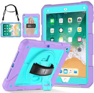 LTROP iPad 6th/5th Generation Case,iPad 9.7 Case,iPad Air 2 Case for Kids,Shockproof [Shoulder Strap][Pencil Holder][Swivel Stand] Cover Case for iPad 9.7 Inch 2018/2017, Teal/Purple