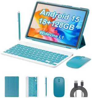 Android 15.0 10Inches Tablet, 18GB RAM+128GB ROM+2TB Expandable, Tab Set with Keyboard/Case/Mouse/Stylus, 2.0GHz Quad-core Processor, 1280 * 800 IPS HDScreen, 5G WiFi6 BT 5.0 (Blue)