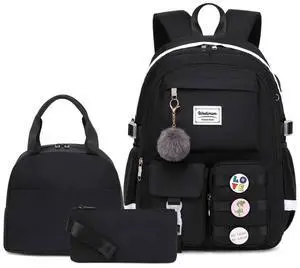 Wadirum Women Casual Backpack Set Girl School Bookbag Set Cute Laptop Ruaksack Black
